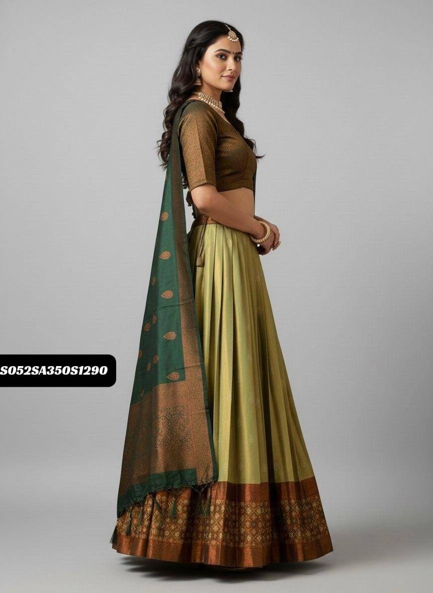 Yellow and Green Pongal Kanjivaram Pure Zari Half Saree Lehenga Set